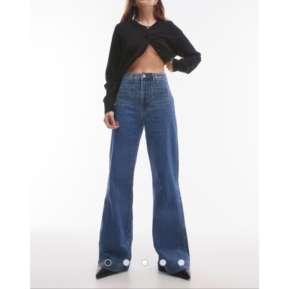 & Other Stories High Rise Flared Jeans with Patch Pockets in Mid Blue Wash 28